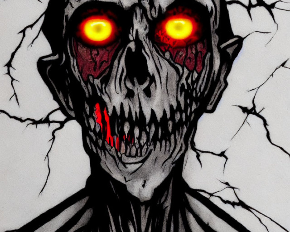 Menacing skull with glowing red eyes and bloodied cranium