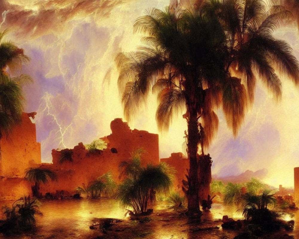 Dramatic landscape painting: palm trees, ancient ruins, stormy sky