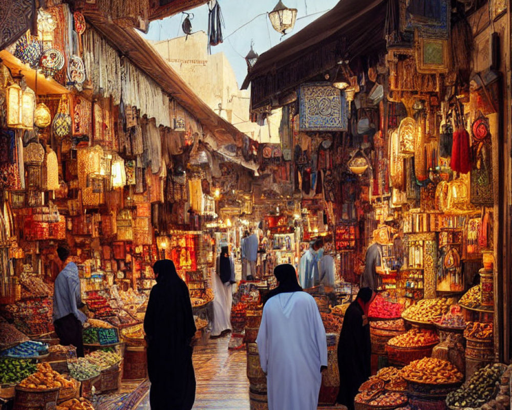 Traditional Market with Spice, Textile, and Lantern Stalls in Vibrant Setting