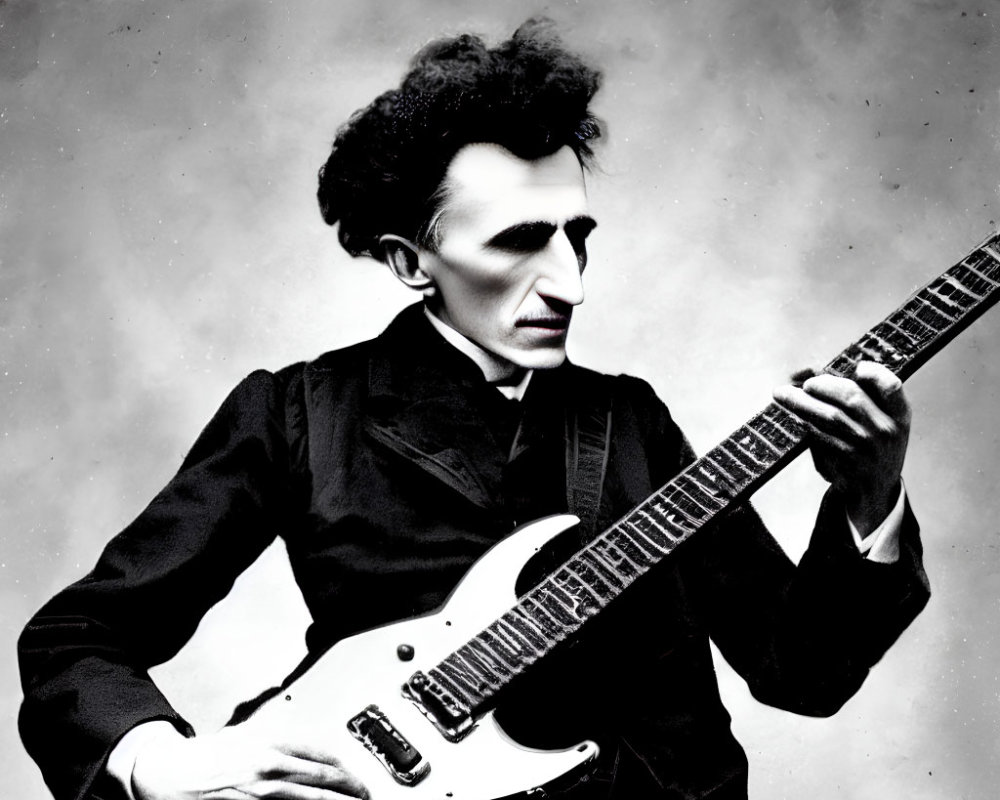 Monochrome image of man resembling historical figure with electric guitar