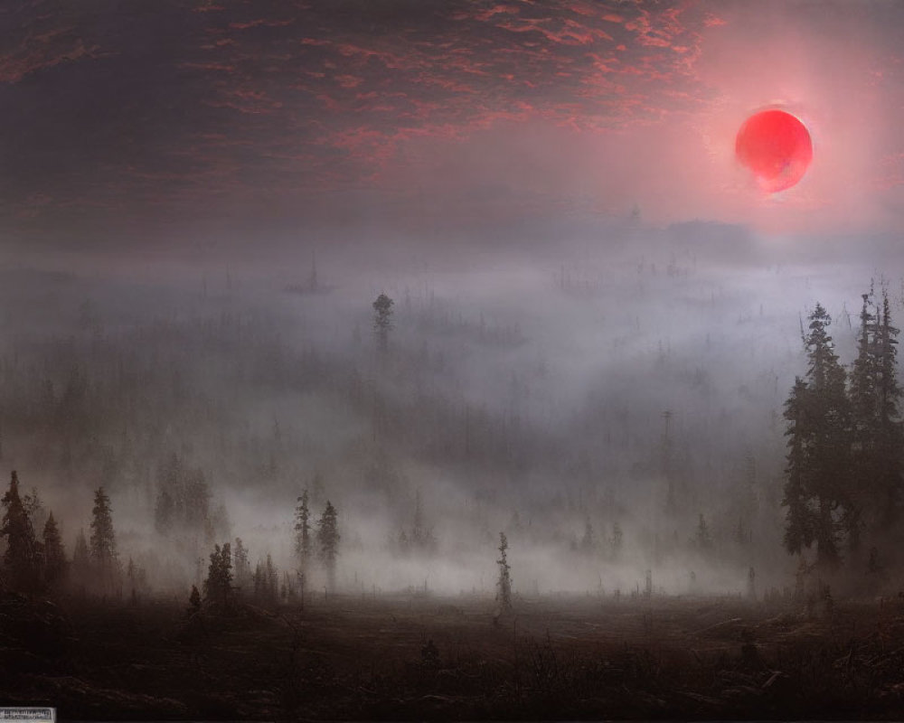 Misty forest landscape with large red sun at dusk