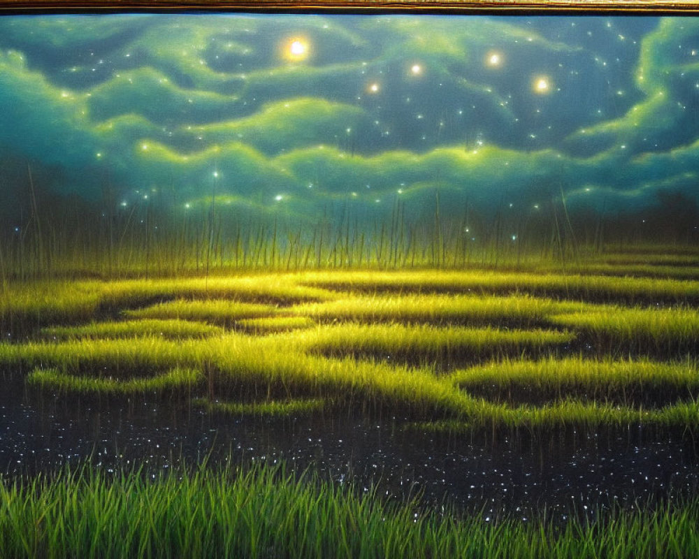 Vibrant night scene painting with starry sky and glowing lights above lush green field