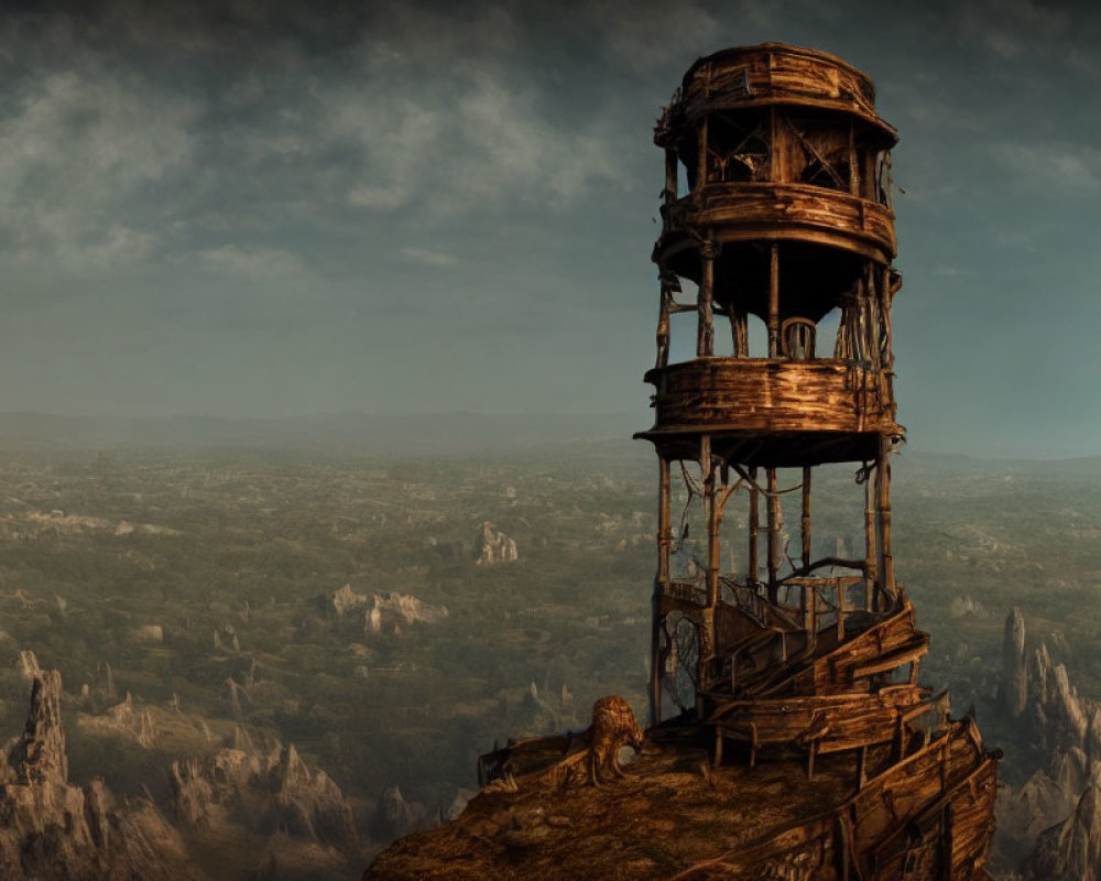 Wooden watchtower on rocky cliff with lion overlooking vast landscape under two moons