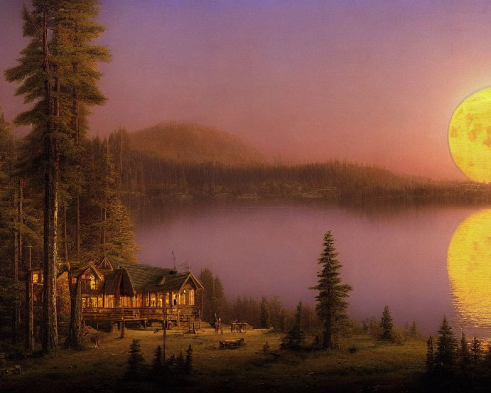 Cabin by Lake Under Large Moon and Pink Sky