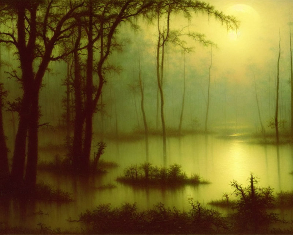 Misty swamp with silhouetted trees under soft moonlight