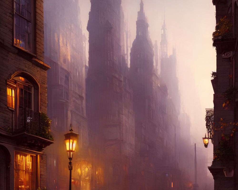 Gothic cityscape with fog and street lamps at dusk