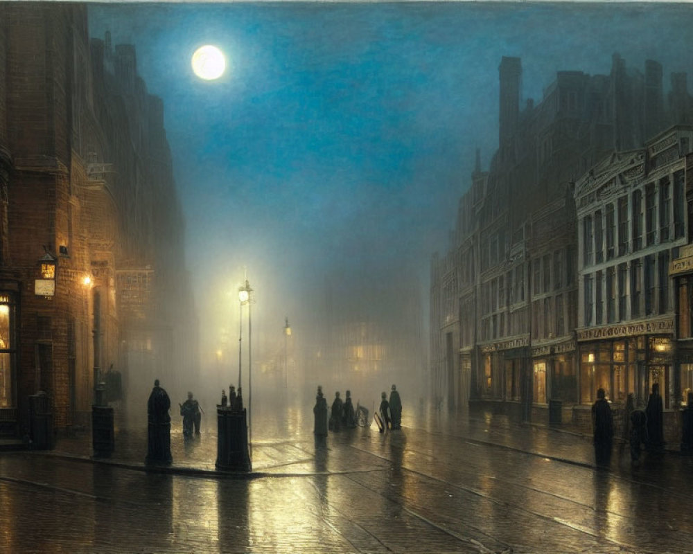 Foggy Moonlit City Street with Vintage Lamps & Silhouetted Figures