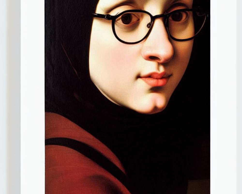 Modern reinterpretation of classical painting with woman in headscarf and round glasses