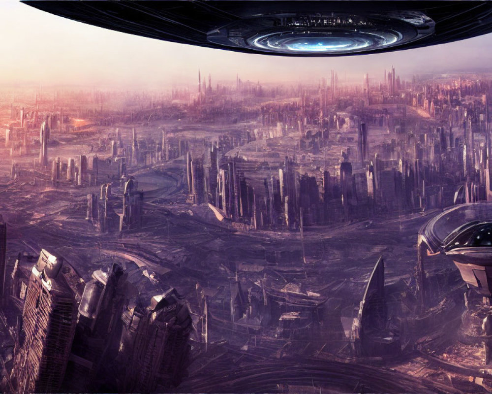 Futuristic cityscape with towering skyscrapers and spaceship in warm colors