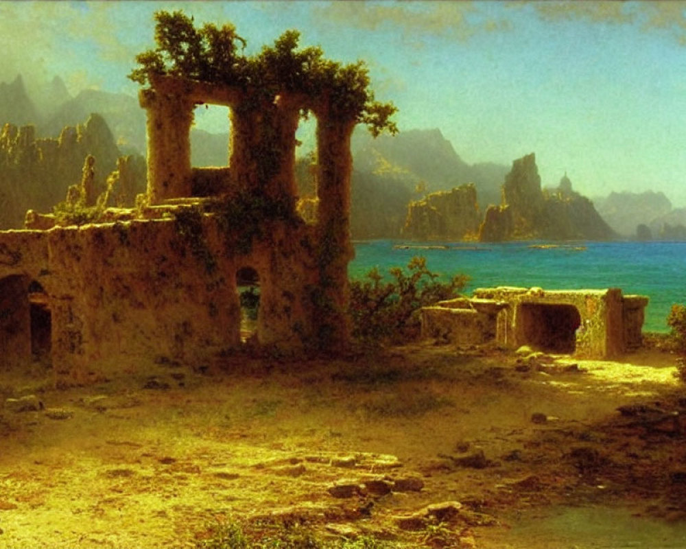 Coastal ruins with serene sea, distant mountains, and clear sky