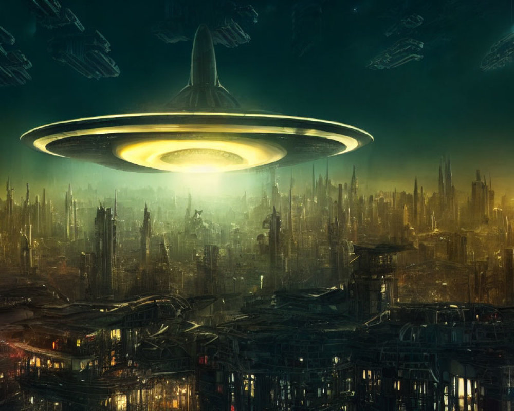 Futuristic night cityscape with skyscrapers and hovering UFOs