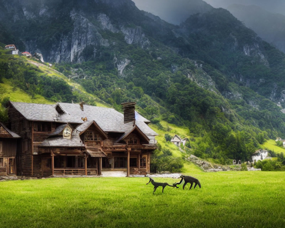 Scenic wooden houses in green valley with mountains and grazing goats