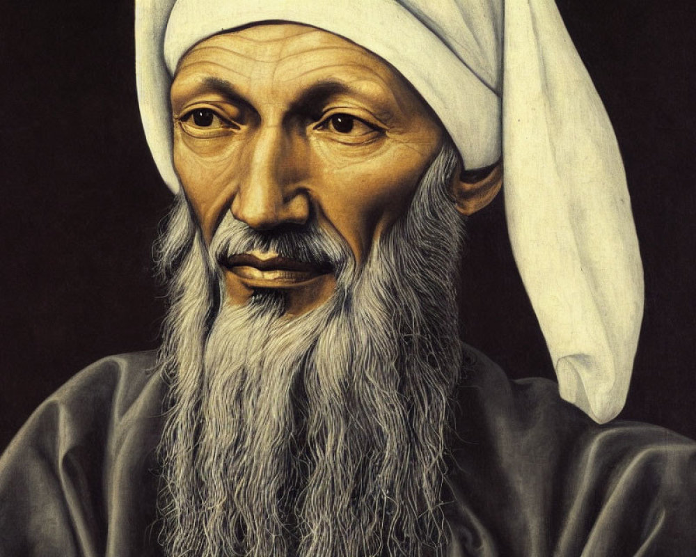 Elderly Man Portrait with White Turban and Beard on Dark Background