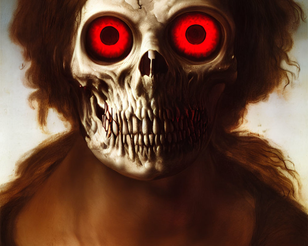 Eerie figure with skull-like face and red eyes