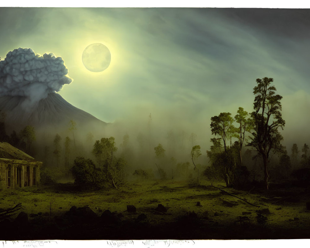 Volcanic eruption scene with ancient ruin and full moon at night