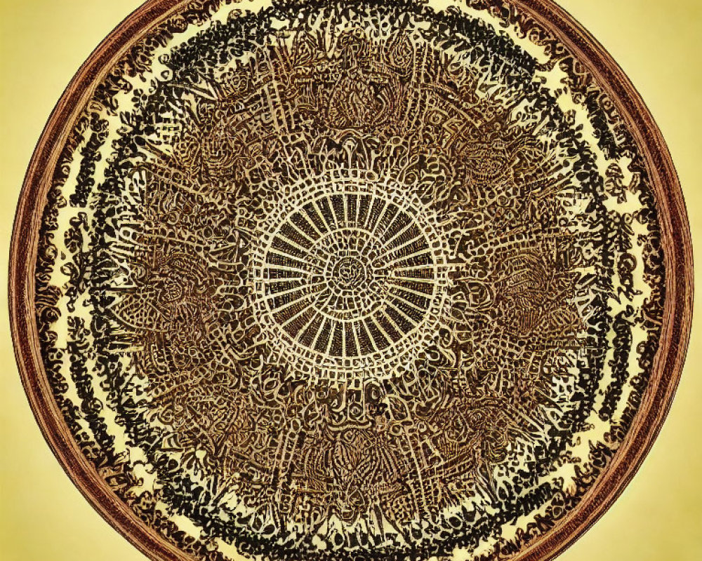 Circular Mandala with Symmetrical Patterns on Yellow Background