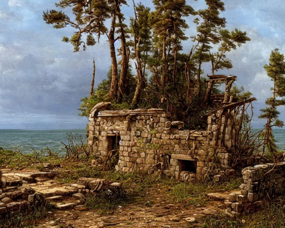 Collapsed stone ruin by overgrown plants near calm sea