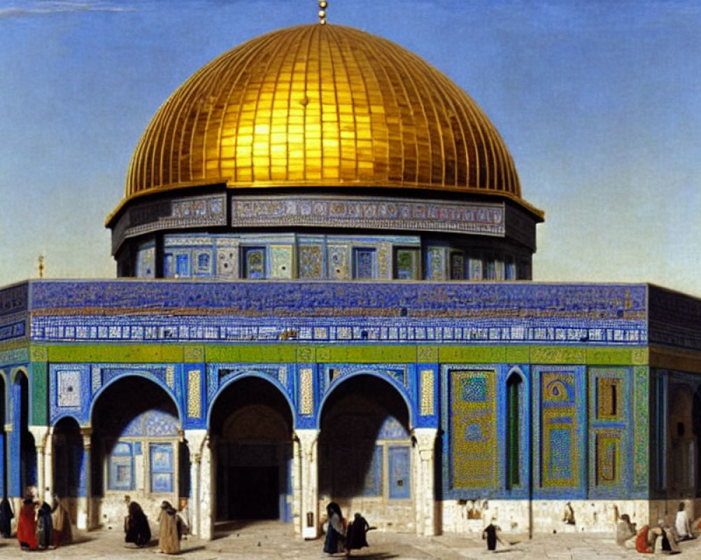 Golden Dome on Blue-Tiled Mosque with People Outside