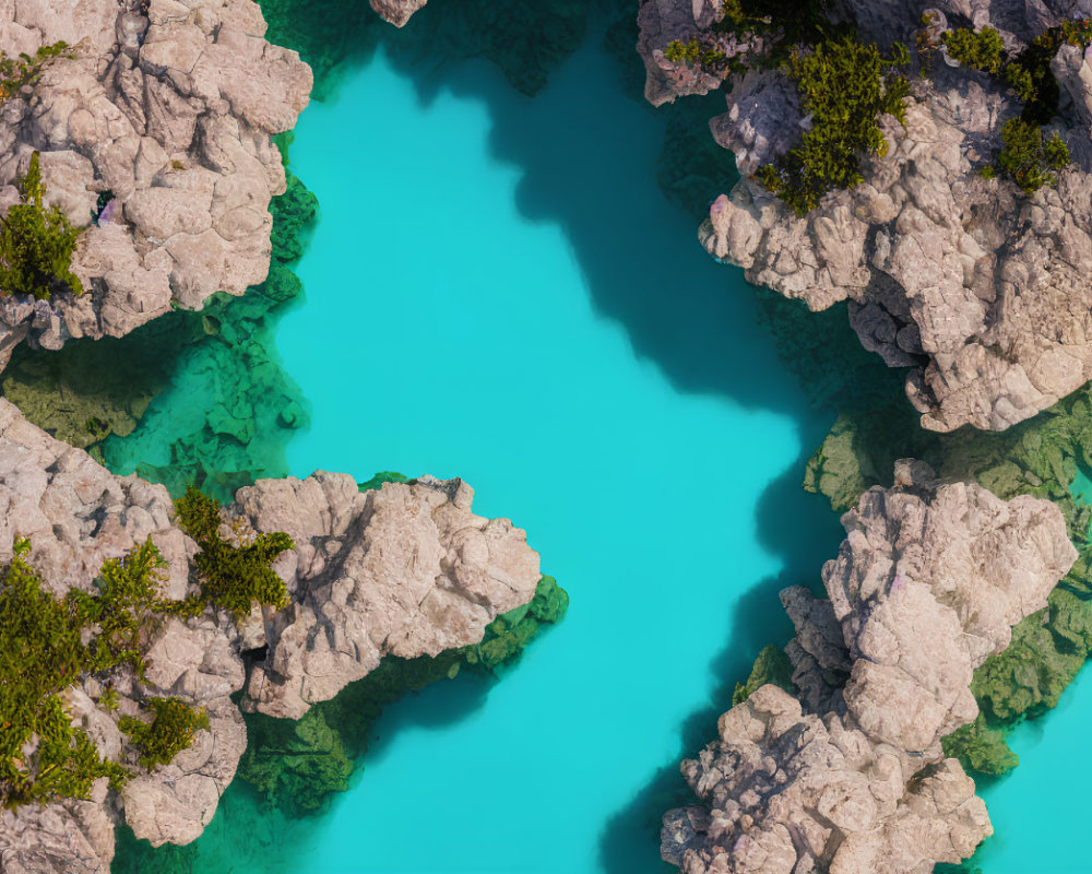 Turquoise Water Body Surrounded by Rugged Cliffs and Green Vegetation