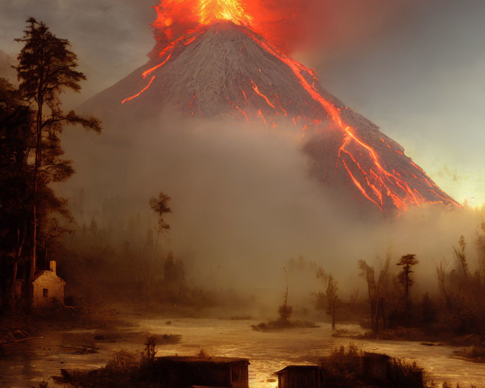 Erupting volcano with flowing lava near tranquil river and forested landscape