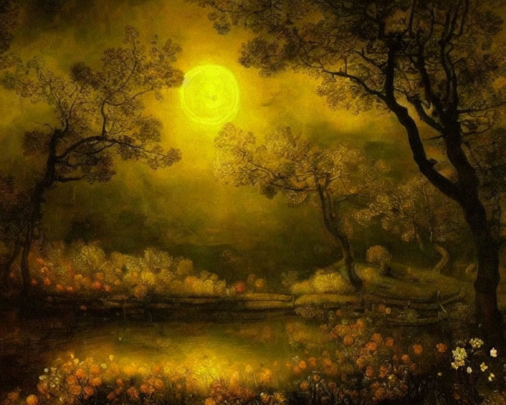 Enchanted forest painting with glowing full moon