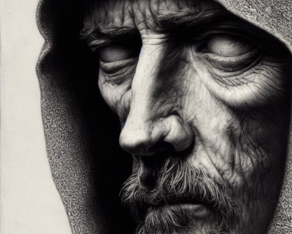 Detailed pencil drawing: Old man with hood, intricate fabric patterns, textured beard.