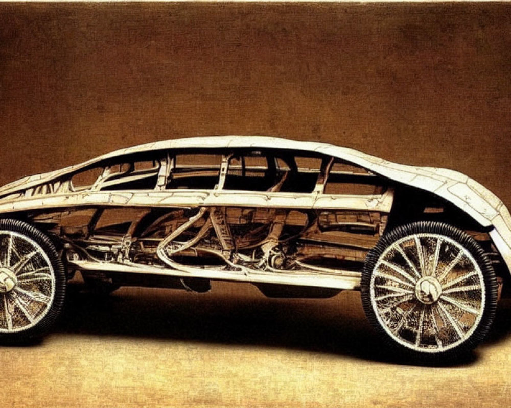 Intricate wooden car sculpture with spoke wheels on sepia backdrop