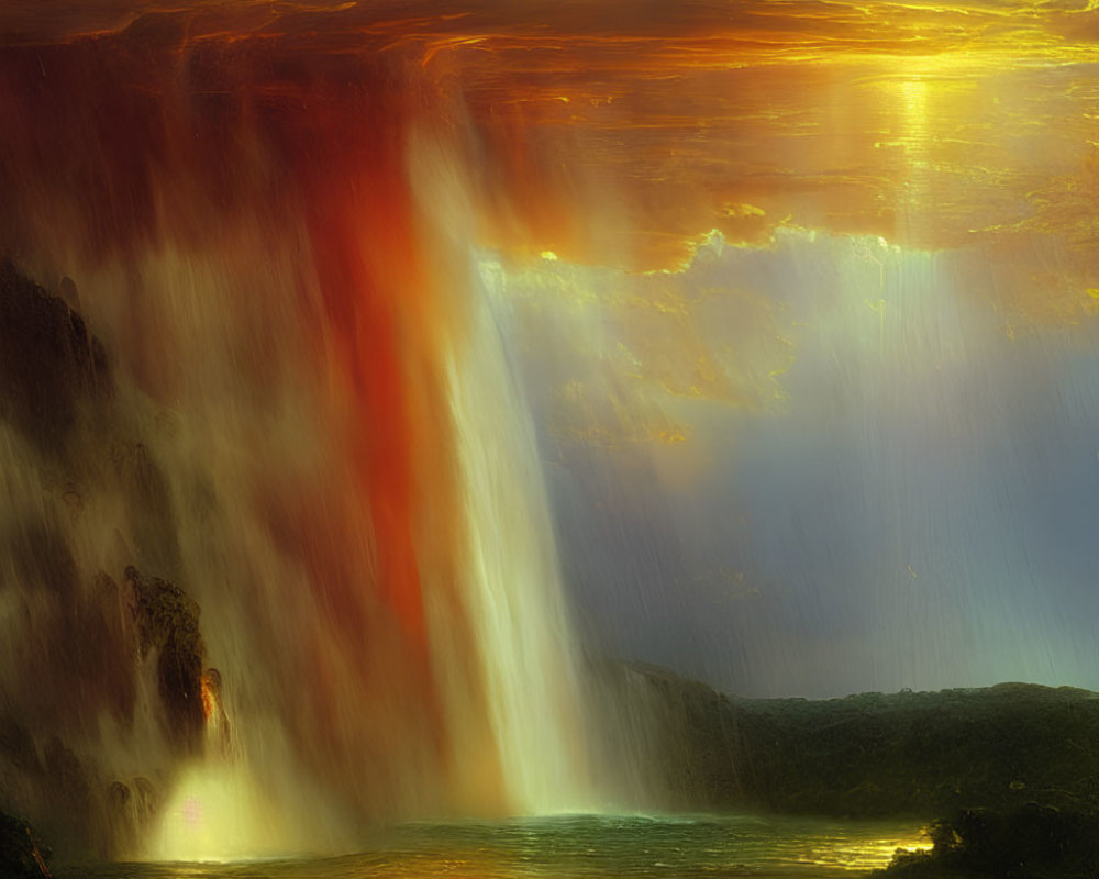 Vibrant sunset colors contrast with misty waterfall blues