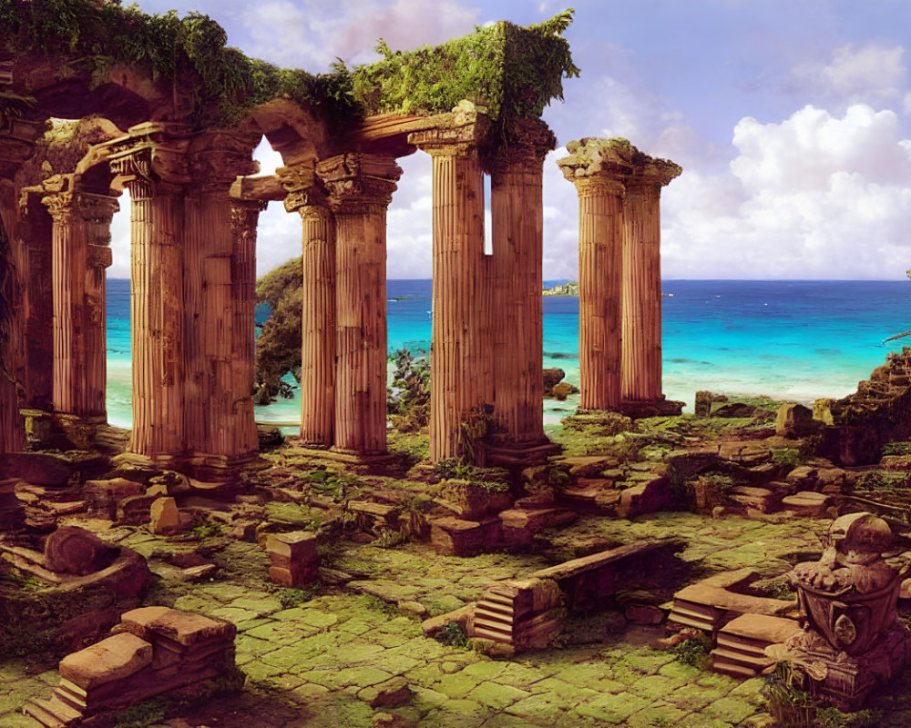 Ancient Greek-style ruins on beach with turquoise waters