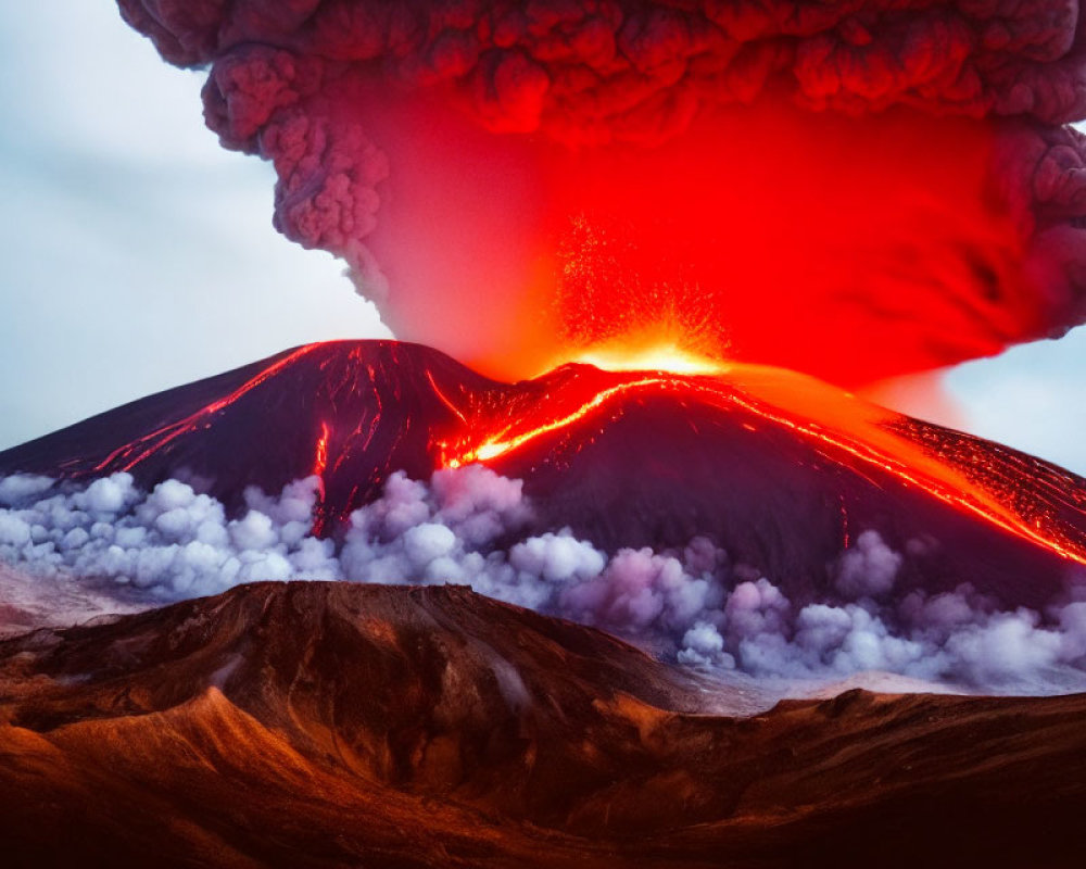 Fiery red lava flow and ash cloud in dramatic volcanic eruption