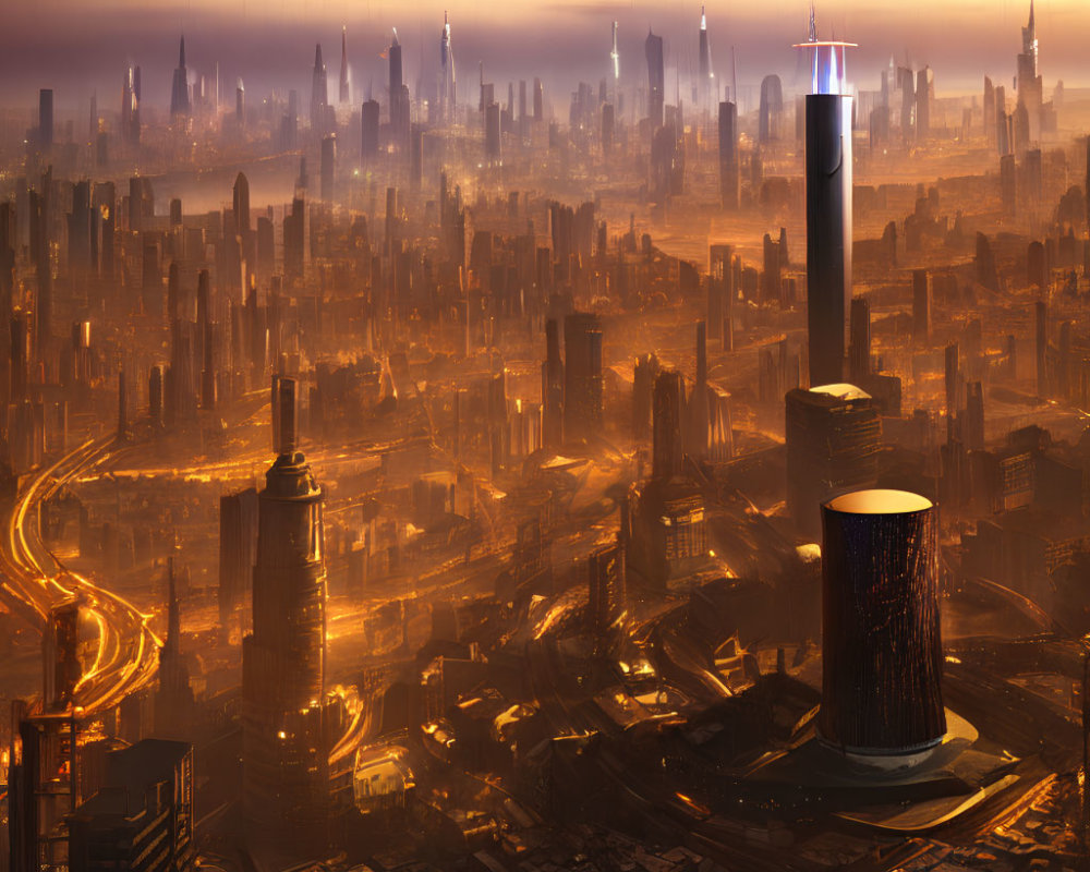 Futuristic cityscape with glowing skyscrapers at sunset