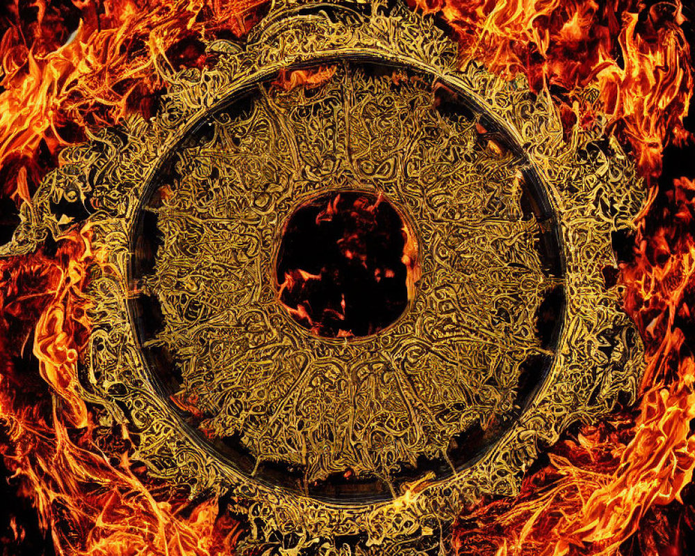 Intricate golden medallion engulfed in flames