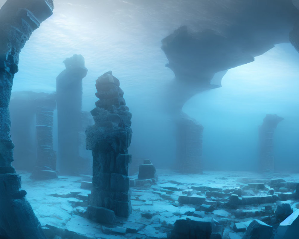 Enigmatic underground scene with stone pillars, icy ground, and ethereal blue light