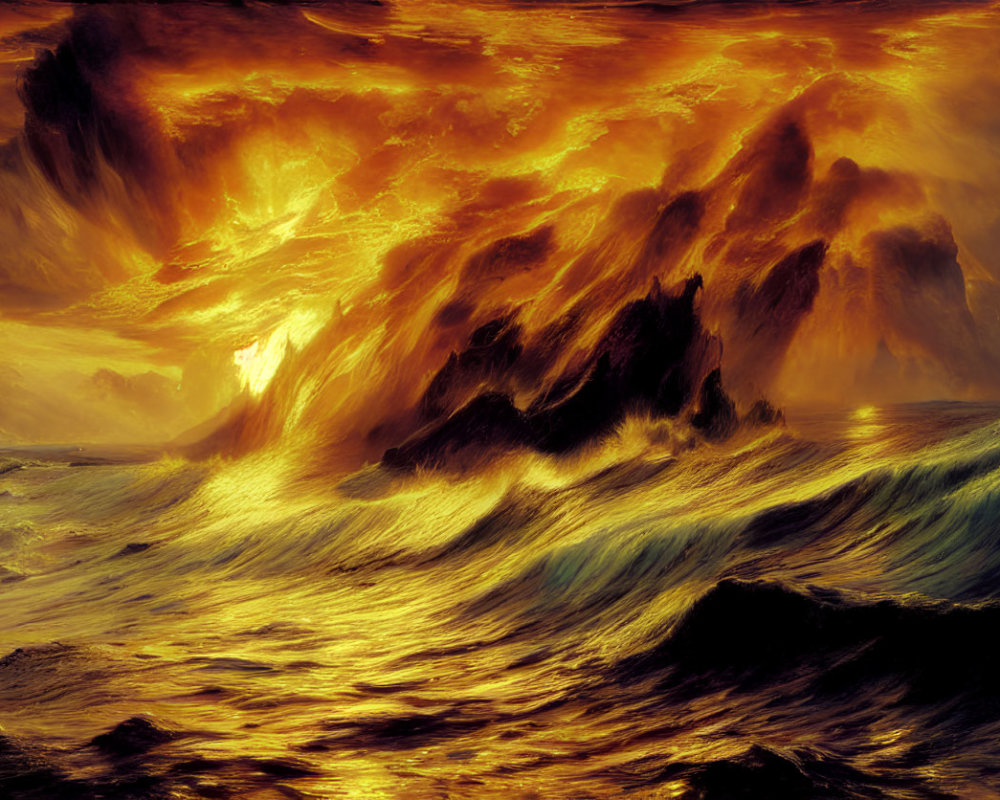 Apocalyptic sea scene with fiery sky and tumultuous waves