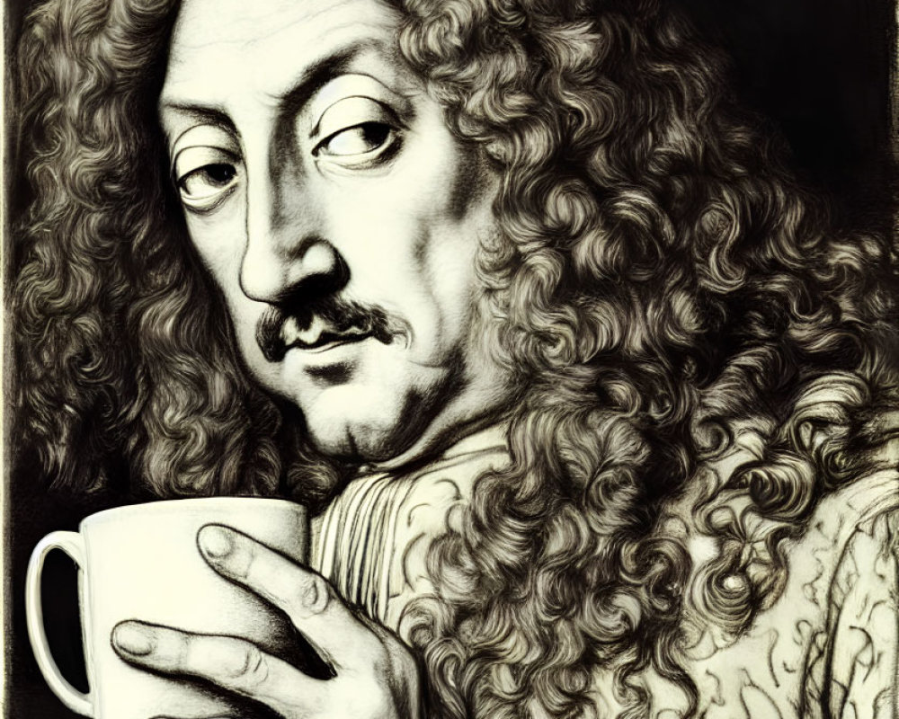 Detailed black and white illustration of person with long curly hair holding coffee cup