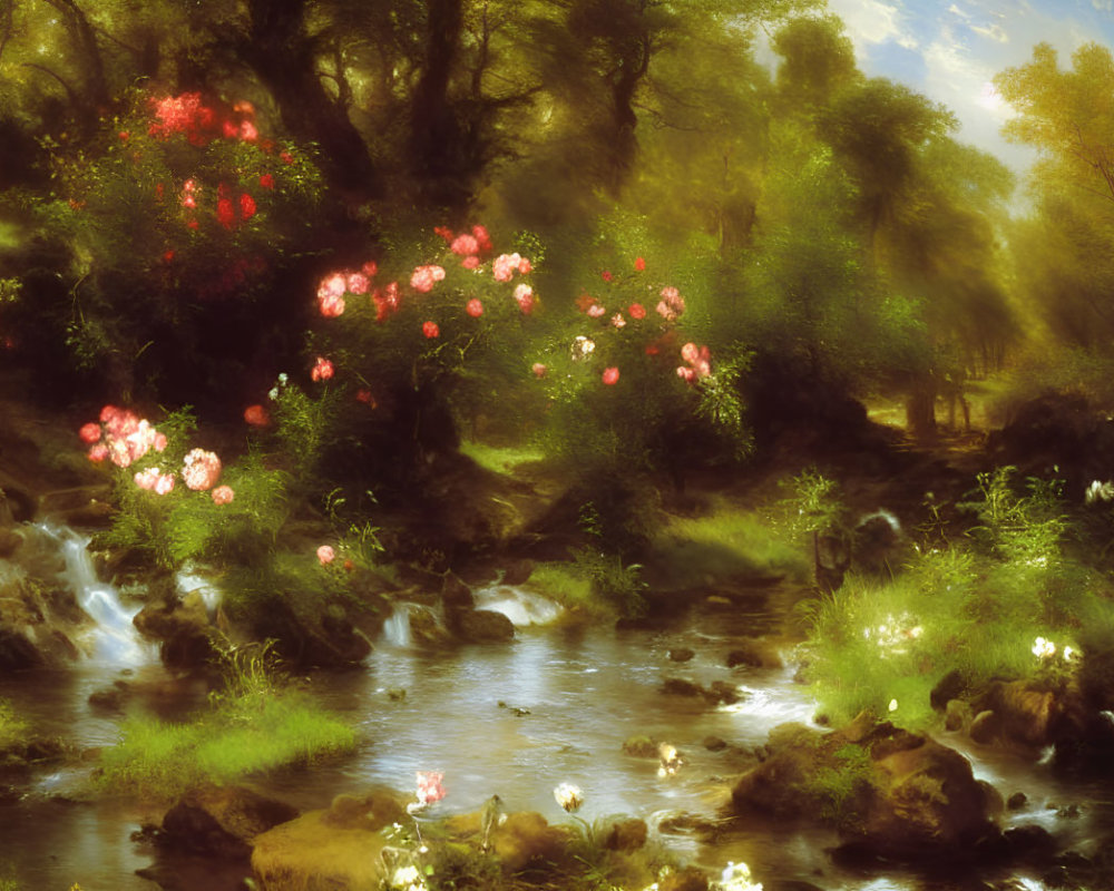 Tranquil landscape with stream, greenery, and pink blossoms