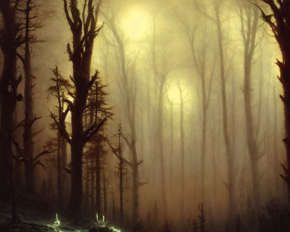 Mystical foggy forest with sun rays and bare trees