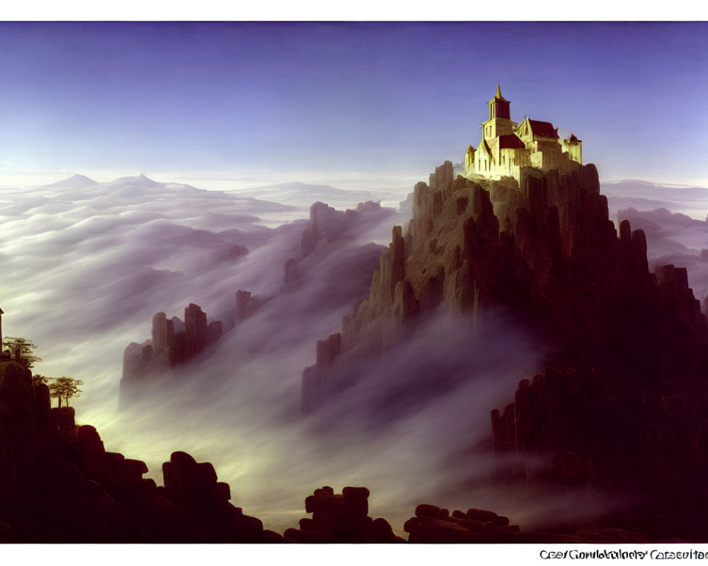 Majestic castle on misty mountain peak with tower and dramatic sky