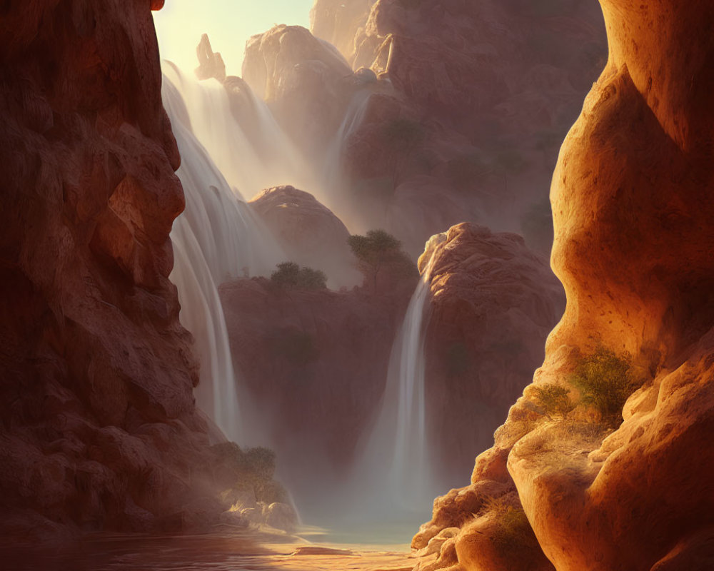 Serene landscape: Sunlit waterfall in lush canyon