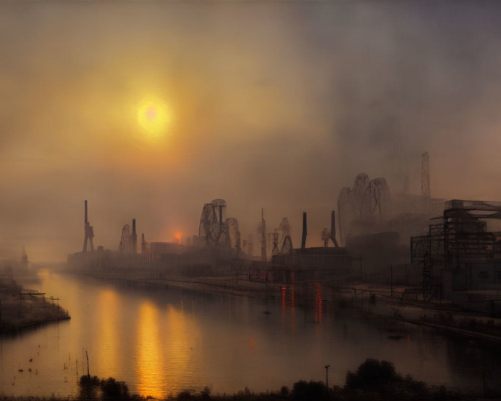 Industrial cranes and factories silhouetted against orange dawn sky.