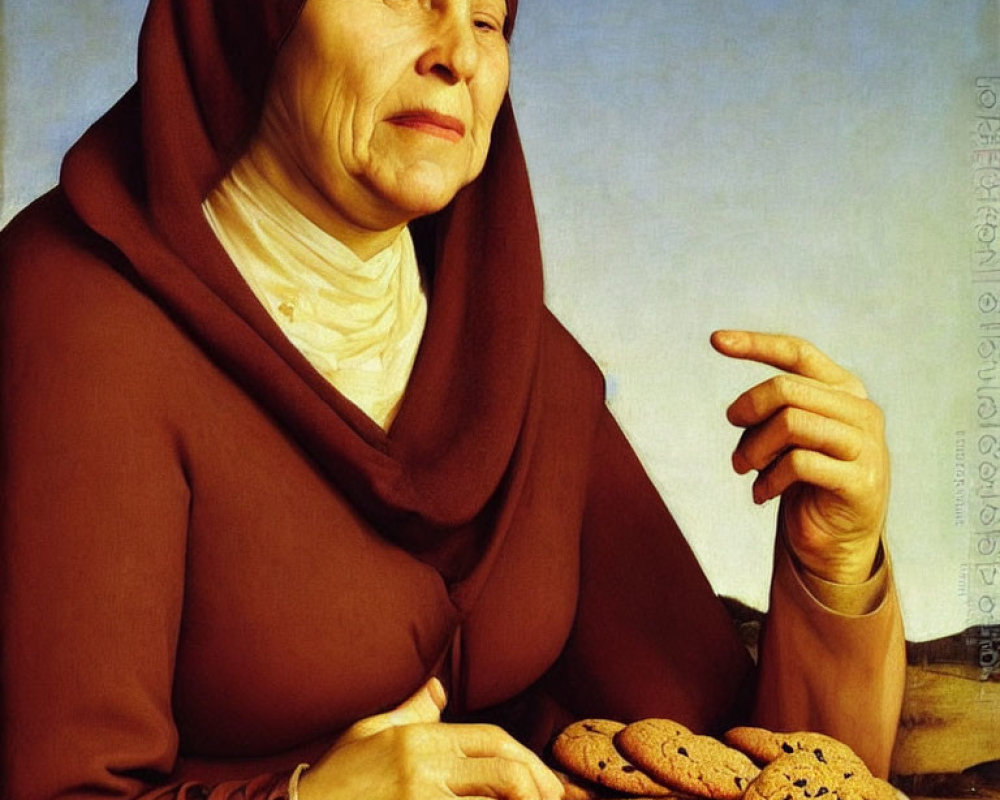 Elderly woman in brown headscarf smiling with chocolate chip cookies