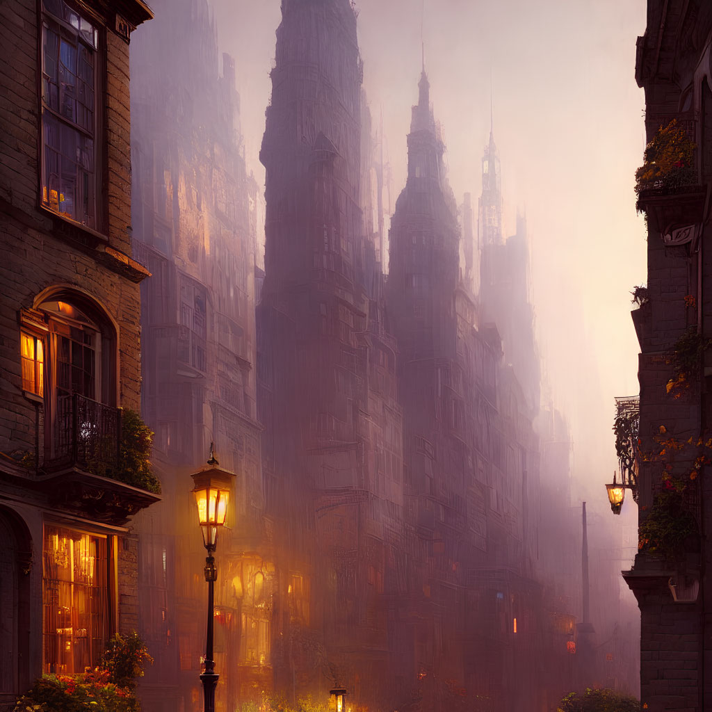 Gothic cityscape with fog and street lamps at dusk