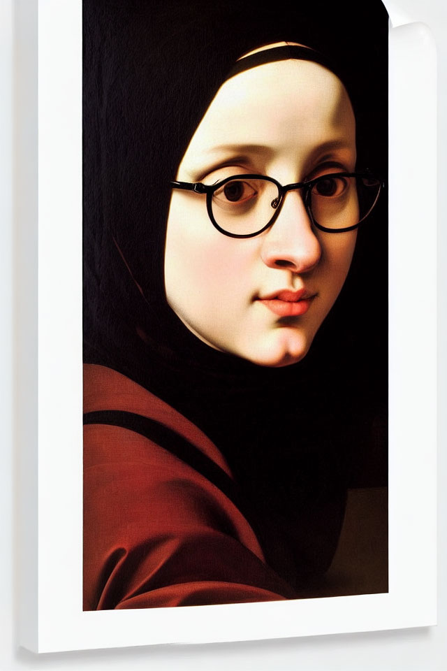 Modern reinterpretation of classical painting with woman in headscarf and round glasses