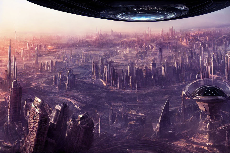 Futuristic cityscape with towering skyscrapers and spaceship in warm colors