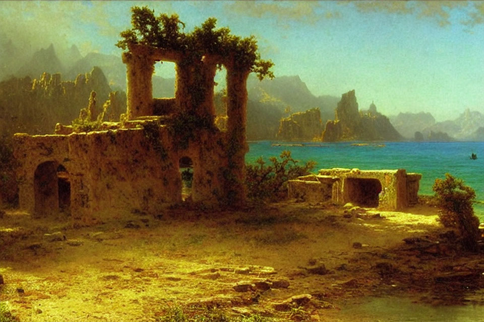 Coastal ruins with serene sea, distant mountains, and clear sky