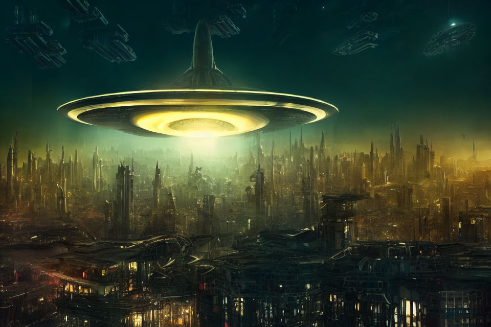 Futuristic night cityscape with skyscrapers and hovering UFOs