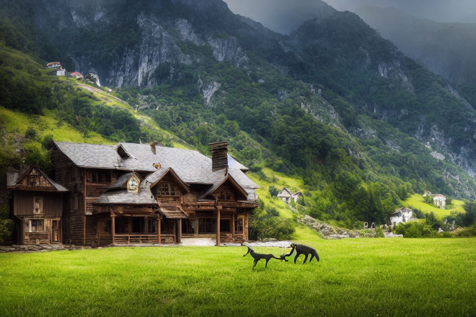 Scenic wooden houses in green valley with mountains and grazing goats