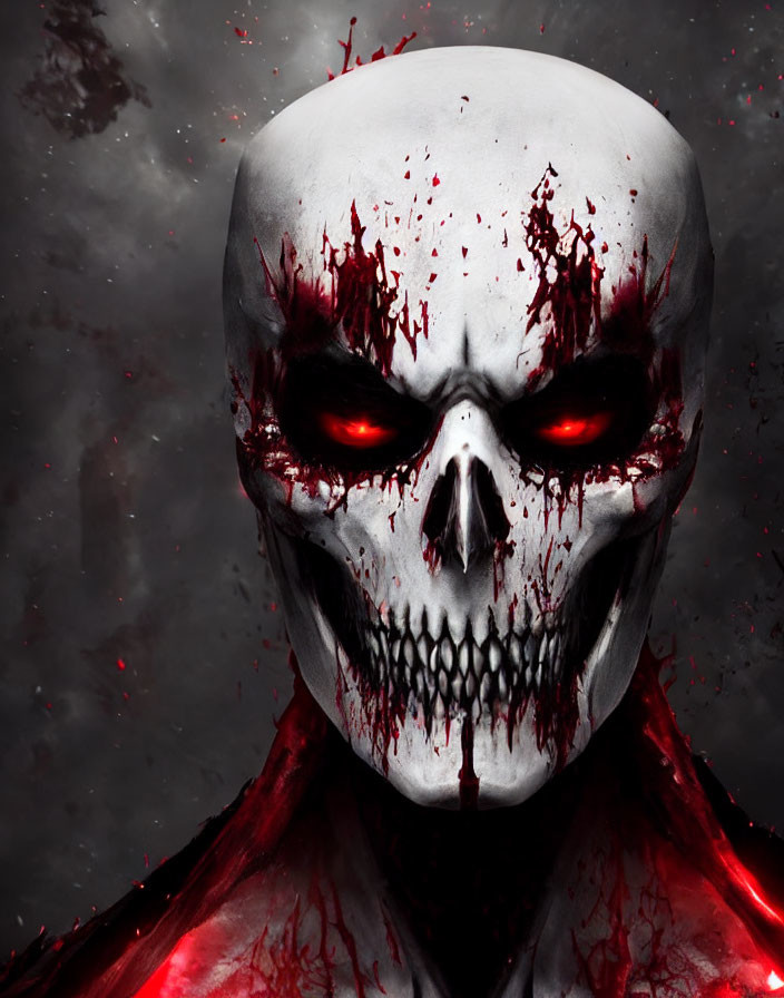 Menacing skull with red glowing eyes on dark, cloudy backdrop