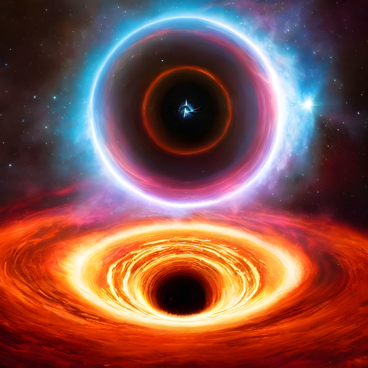 Colorful portrayal of black hole with glowing accretion disks and blue ring.