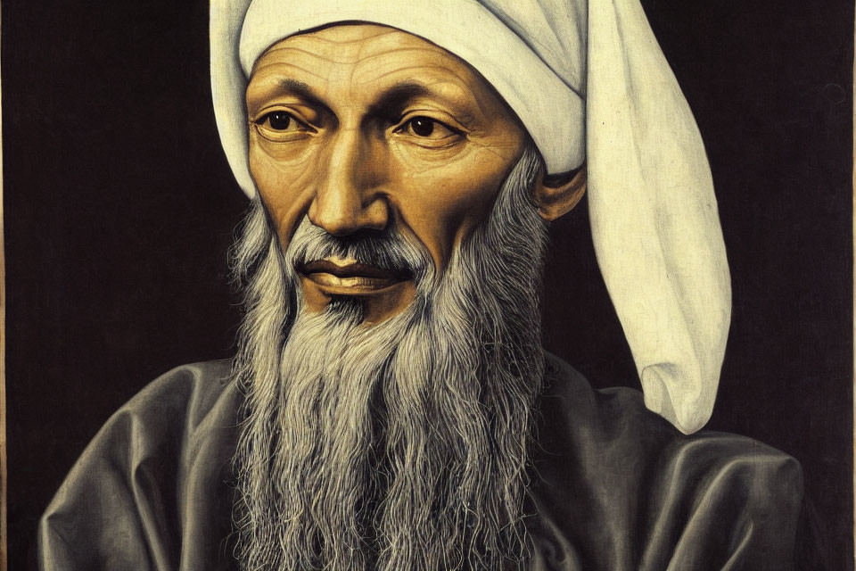 Elderly Man Portrait with White Turban and Beard on Dark Background